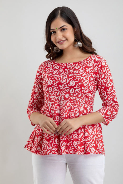 Women's Pure Cotton Printed Hip Length Formal Tops KRT028RED