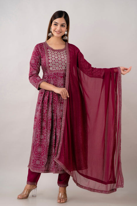 Traditional Zari Embroidery Work A-Line Kurta With Trouser & Dupatta - KR3004WINE