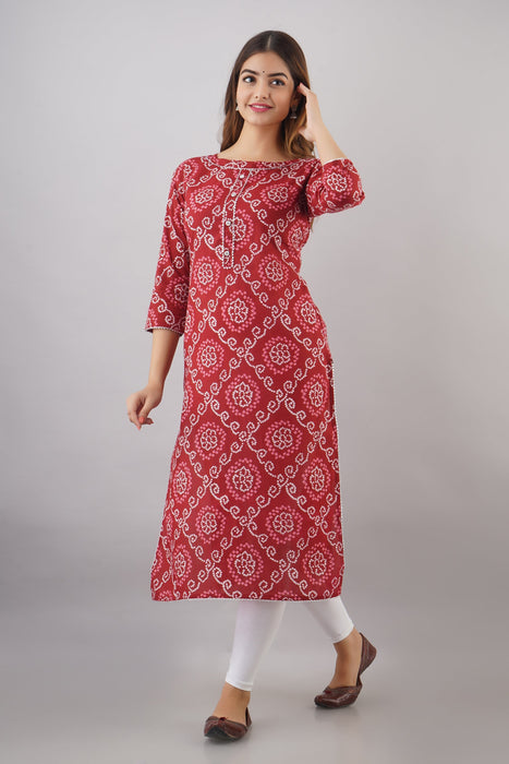 Women's 100% Pure Cotton Printed Calf Length Straight Kurta KR051RED