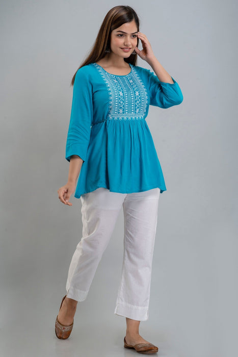 Women's Rayon embroidered Hip Length Formal Tops KRT035TURQUOISE