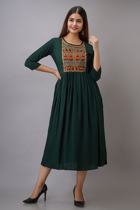 Women's Solid Dyed Rayon Designer Embroidered A-Line Kurta - KR035GREEN