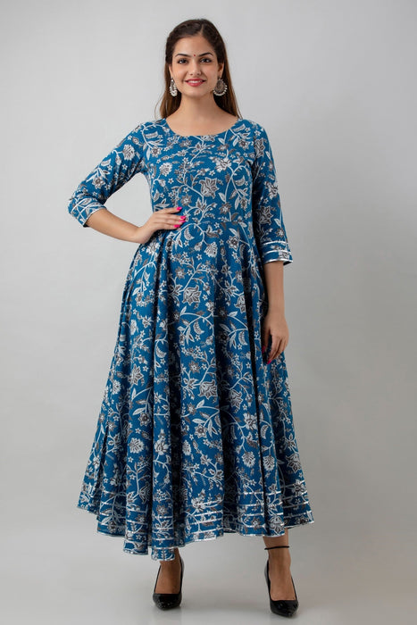 Women's Pure Cotton Printed Ankle Length Full Flared Traditional Kurta KR0130BLUE