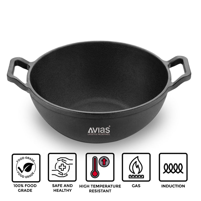 Cast Iron Deep Kadai/ Irumbhu Kadai/ Cast Iron Wok Pre-Seasoned Cookware | Induction Friendly | 100% Natural & Toxin-Free