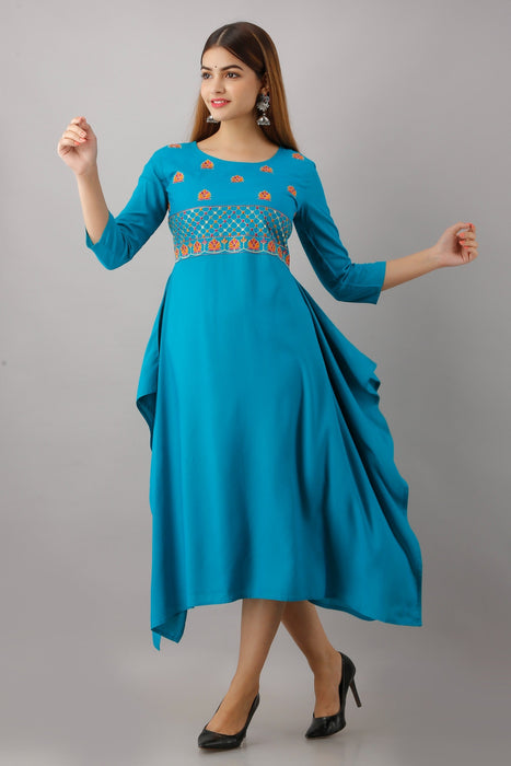 Women's Solid Dyed Rayon Designer Embroidered A-Line Kurta - KR063TURQUOISE