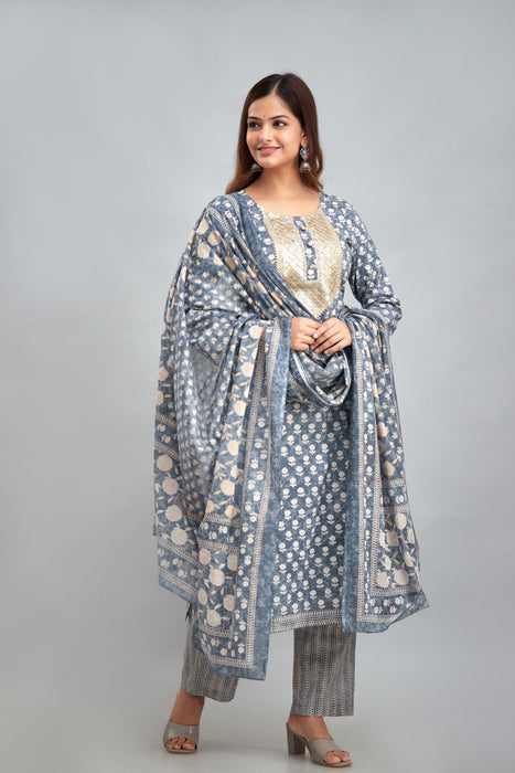 Traditional Zari Embroidery Work A-Line Kurta With Trouser & Dupatta - KR3011GREY