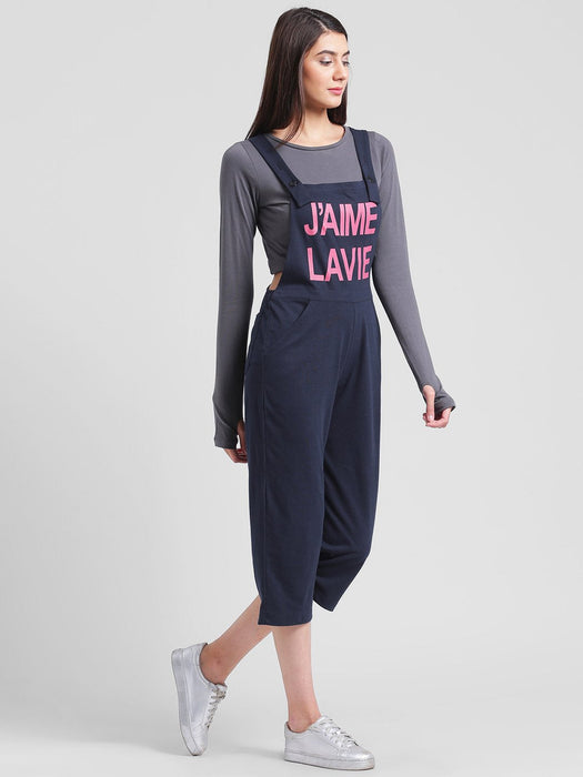 Navy Blue Slogan Printed Dungaree