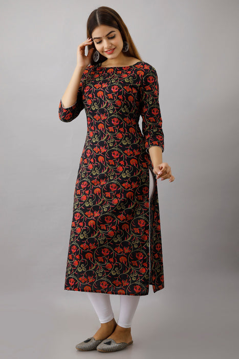 Women's Pure Cotton Printed Calf Length Straight Kurta KR050BLACK