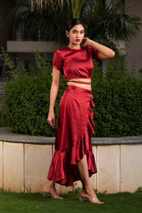 MAROON CO-ORD SET WRAP AROUND SKIRT WITH  CROP CLUB TOP