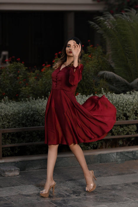 BURGUNDY BUTTONED SEMI- FORMAL DRESS