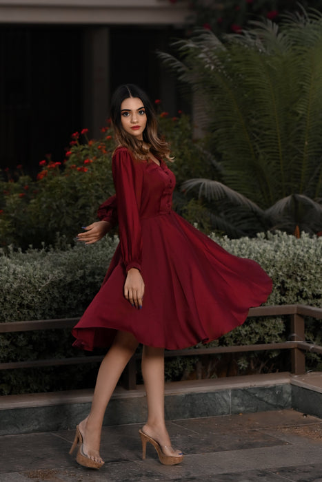 BURGUNDY BUTTONED SEMI- FORMAL DRESS