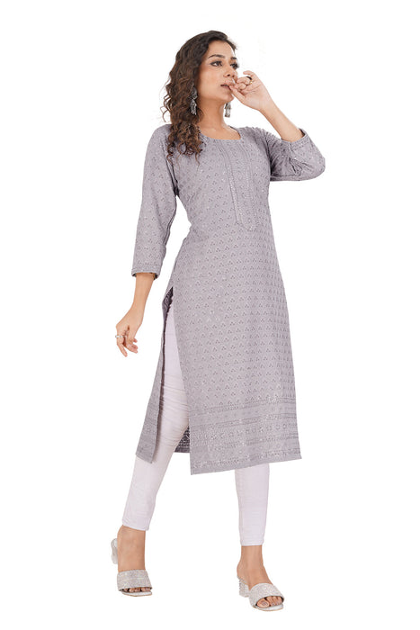 Rayon Chikan sequence work Kurti-NMK-GREY