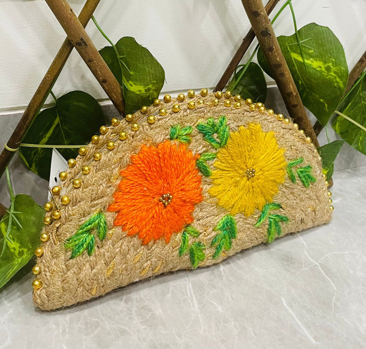 Wicker Straw Handwoven Clutch | Hand-embroidered | Saanjh Exclusive (BIG)