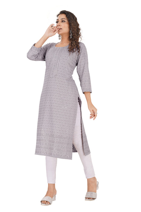 Rayon Chikan sequence work Kurti-NMK-GREY