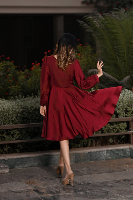 BURGUNDY BUTTONED SEMI- FORMAL DRESS