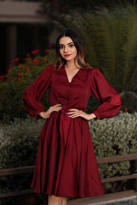 BURGUNDY BUTTONED SEMI- FORMAL DRESS