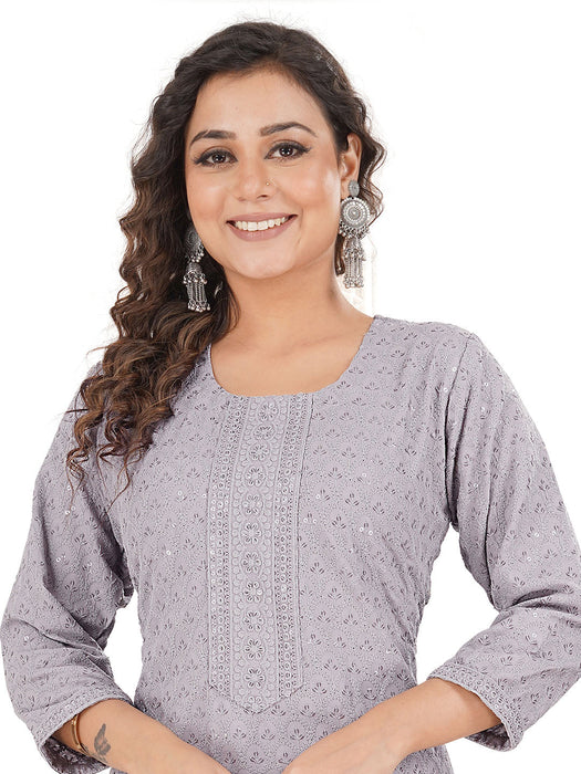 Rayon Chikan sequence work Kurti-NMK-GREY