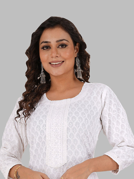 Rayon Chikan sequence work Kurti-NMK-WHITE