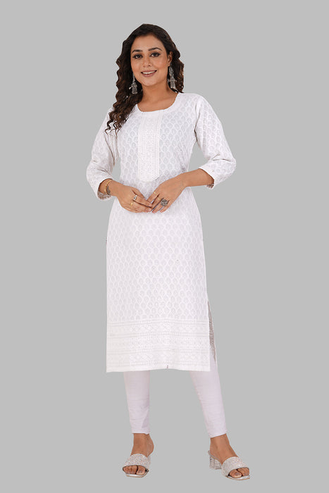 Rayon Chikan sequence work Kurti-NMK-WHITE