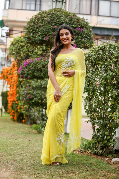 Canary Amour (Pure Chiffon Saree with Pearls Handwork)