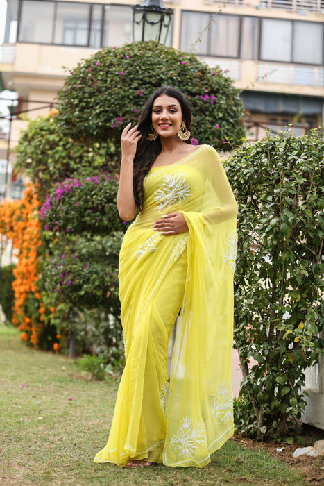 Canary Amour (Pure Chiffon Saree with Pearls Handwork)