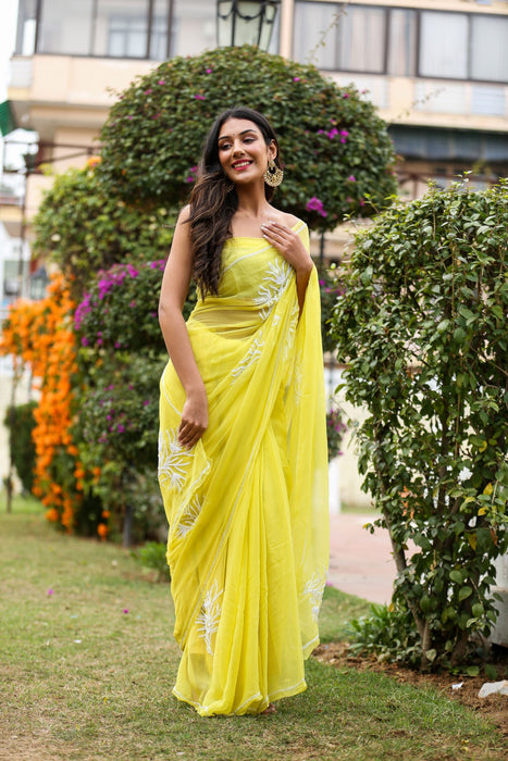 Canary Amour (Pure Chiffon Saree with Pearls Handwork)