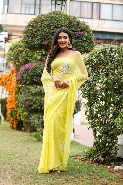 Canary Amour (Pure Chiffon Saree with Pearls Handwork)