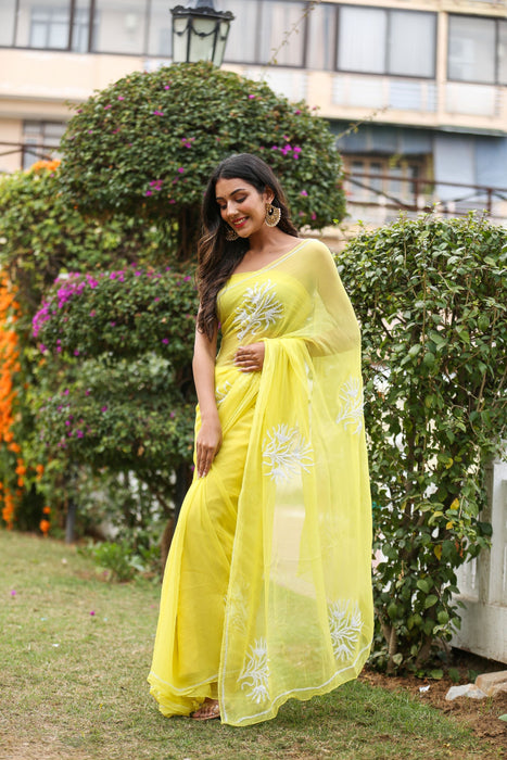 Canary Amour (Pure Chiffon Saree with Pearls Handwork)