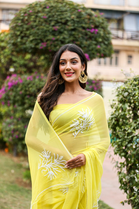 Canary Amour (Pure Chiffon Saree with Pearls Handwork)