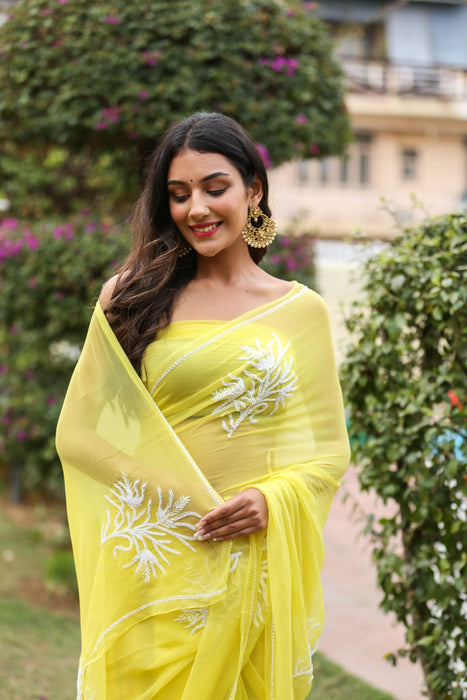 Canary Amour (Pure Chiffon Saree with Pearls Handwork)