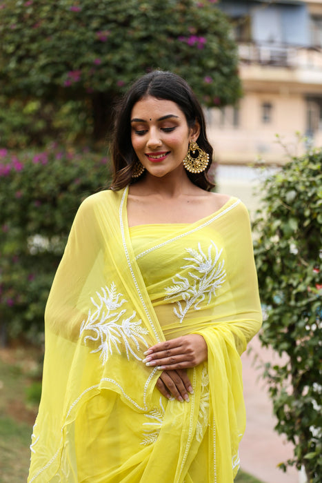 Canary Amour (Pure Chiffon Saree with Pearls Handwork)