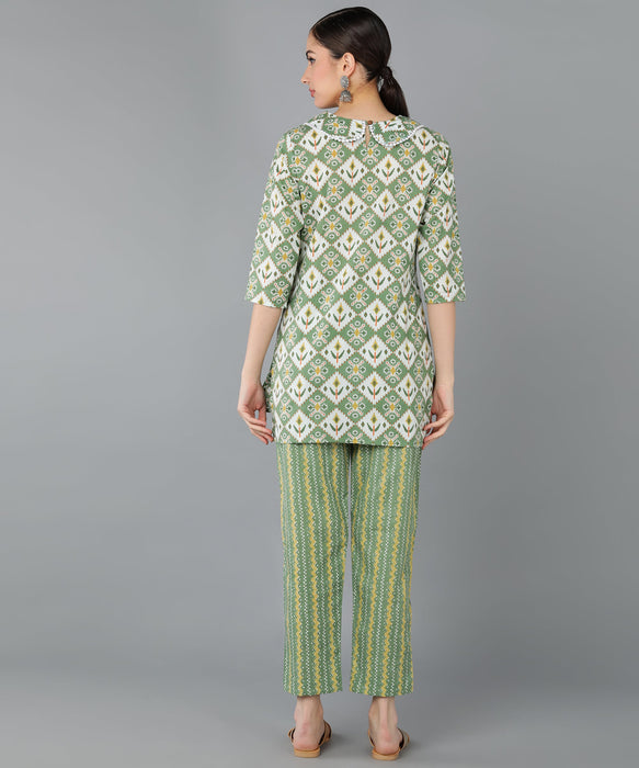 Olive green Cotton Printed Top & Trouser