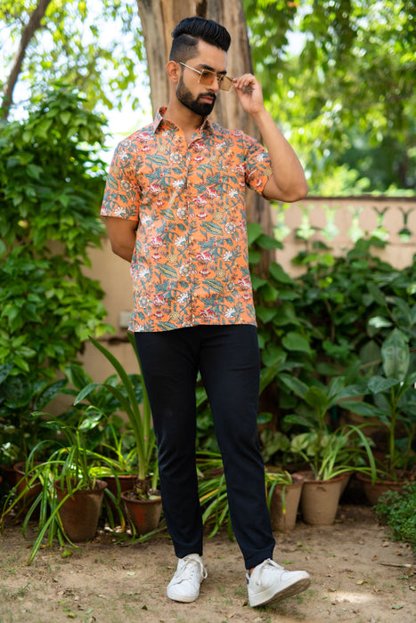 Half Sleeves Peach Green Floral Print Casual Shirt