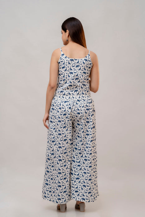 Cotton Sleeveless White and Blue Animal Print Co-ord Set