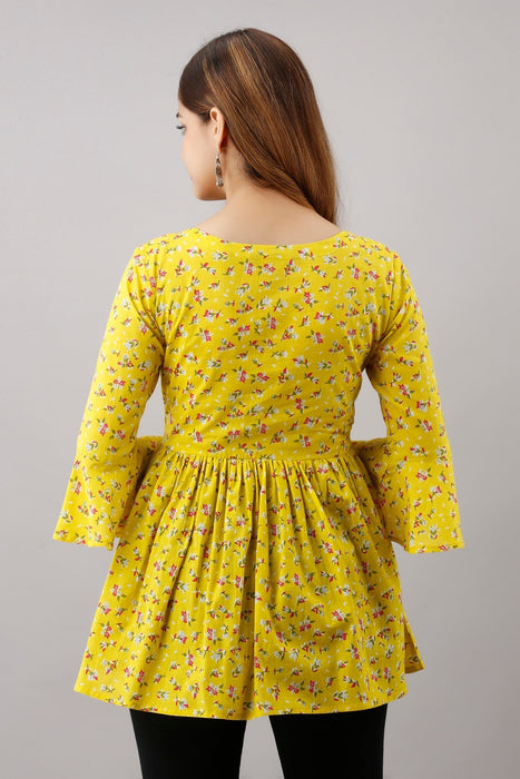 Women's Pure Cotton Printed Hip Length Formal Tops KRT003YELLOW