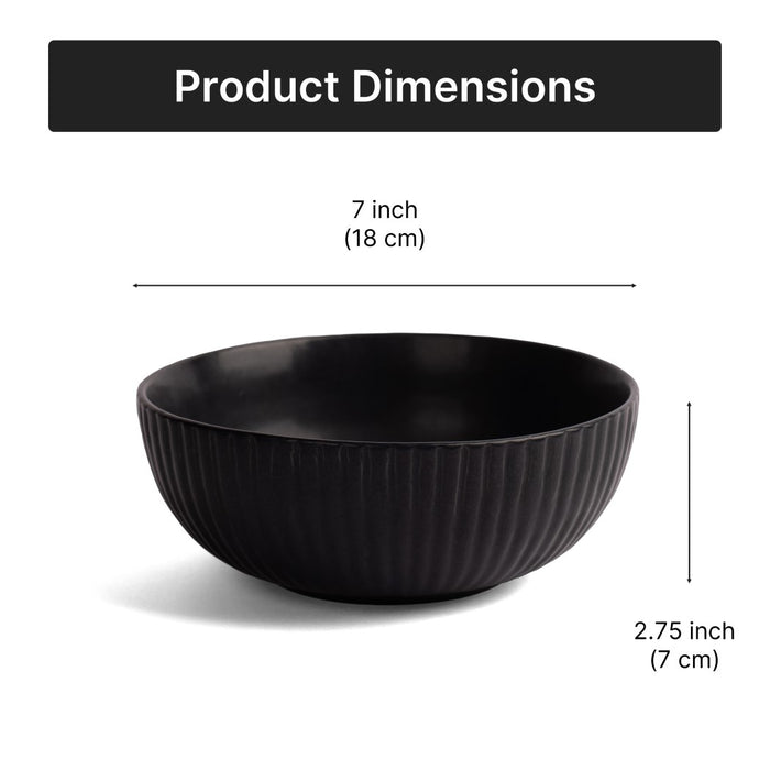 Matte Black Ceramic Serving Bowl, 7 inch, Microwave Safe - Ribbed Black