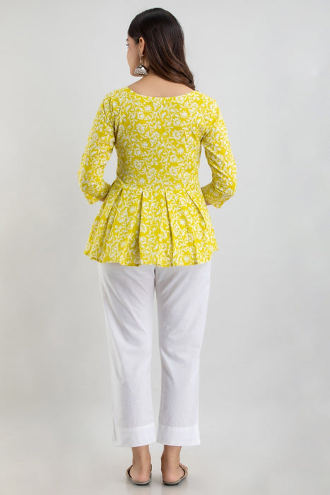 Women's Pure Cotton Printed Hip Length Formal Tops KRT028YELLOW