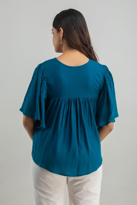 Women's Rayon embroidered Hip Length Formal Tops KRT019BLUE