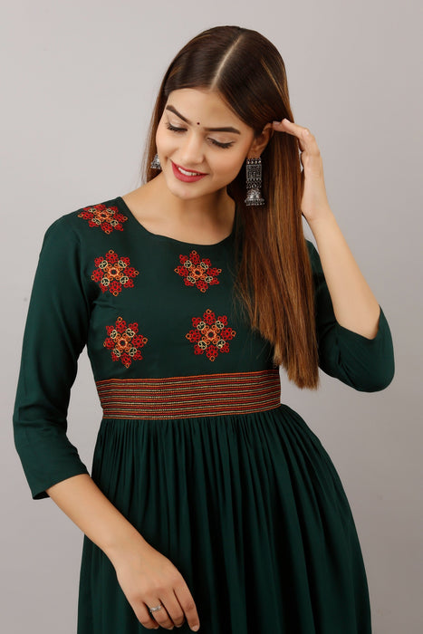 Women's Solid Dyed Rayon Designer Embroidered A-Line Kurta - KR009GREEN