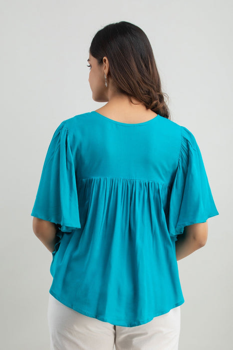 Women's Rayon embroidered Hip Length Formal Tops KRT019TURQUOISE