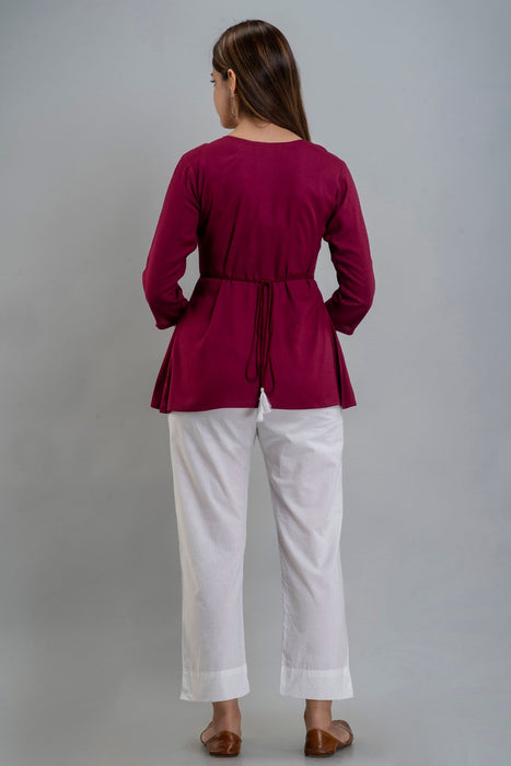 Women's Rayon embroidered Hip Length Formal Tops KRT035WINE