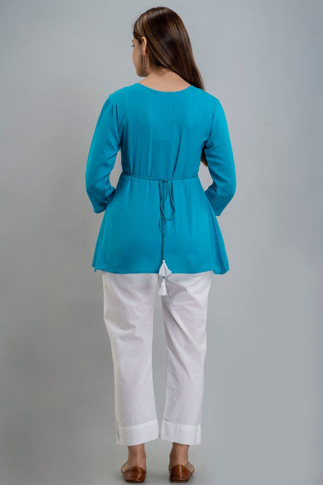 Women's Rayon embroidered Hip Length Formal Tops KRT035TURQUOISE