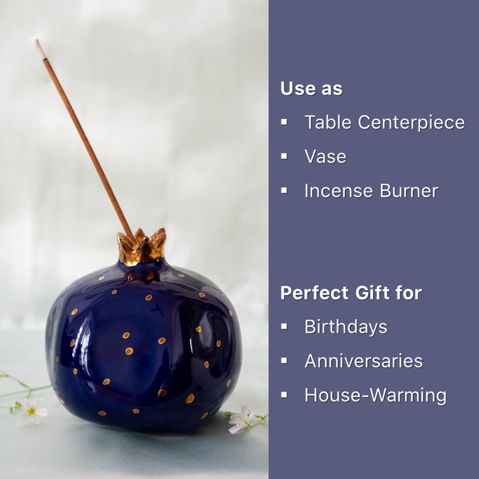 Ceramic Pomegranate Showpiece with Gold Plated Crown, 4 inch (Blinding Blue)