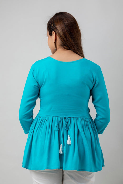 Women's Rayon embroidered Hip Length Formal Tops KRT037TURQUOISE