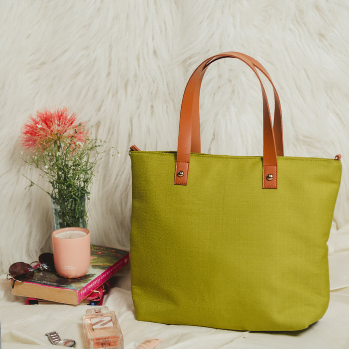 Lilly Lemon Green Chain Stitch Hand Embroidery Canvas Tote Bag