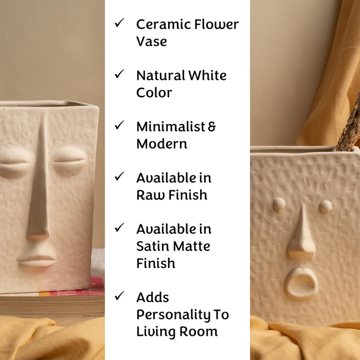 Ceramic Flower Vase (Set of 2) | Zen Face Vase 7" & Jaw Dropper Face Vase 7" (Ivory, Satin Matte Finish)