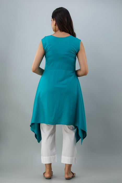 Women's Solid Dyed Rayon Designer Embroidered A-Line Kurta - KR0100TURQUOISE