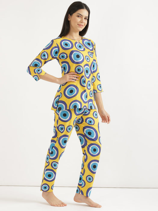 Notched Neck Yellow Evil Eye Co-ord Set-CK-YELLOWEVILEYENOTCHED