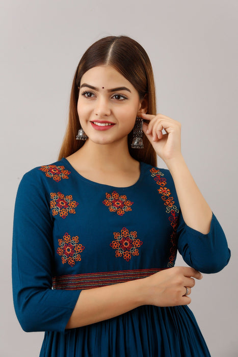 Women's Solid Dyed Rayon Designer Embroidered A-Line Kurta - KR009BLUE