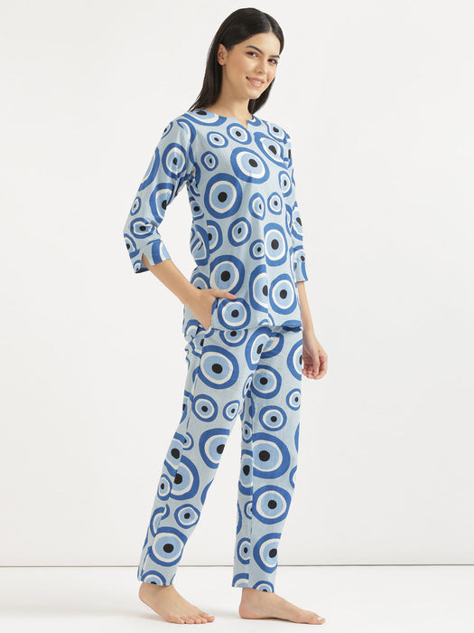 Notched Neck Blue Evil Eye Co-ord Set-CK-BLUEEVILEYENOTCHED