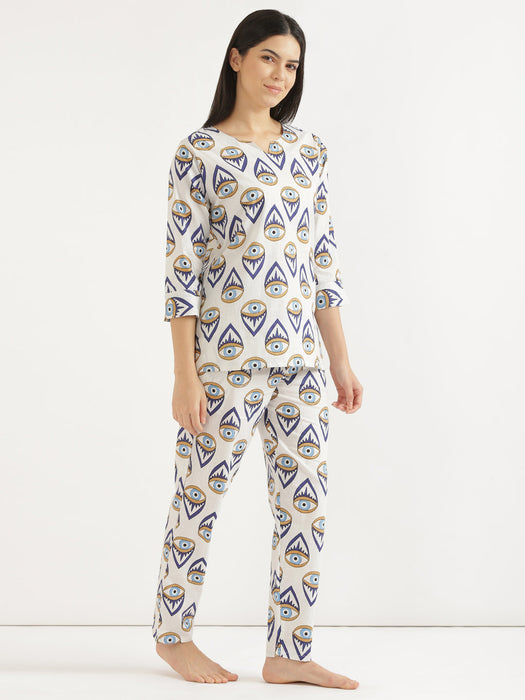 Notched Neck White Evil Eye Co-ord Set-CK-WHITEEVILEYENOTCHED